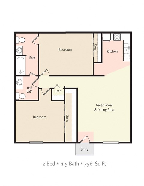 Floor plan for 2 beds, 1.5 baths, 756 sqft